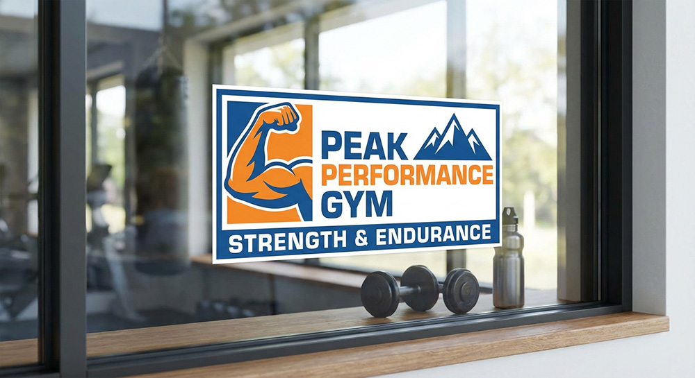 Rectangle sticker displayed on a gym window | Decals.com