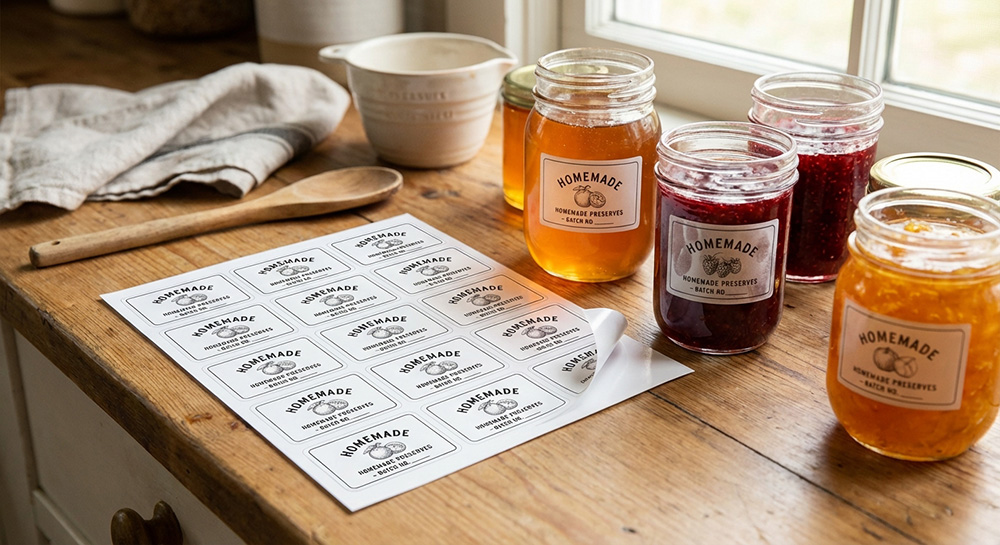 Rectangle sticker sheet with a sticker being peeled onto jars | Decals.com