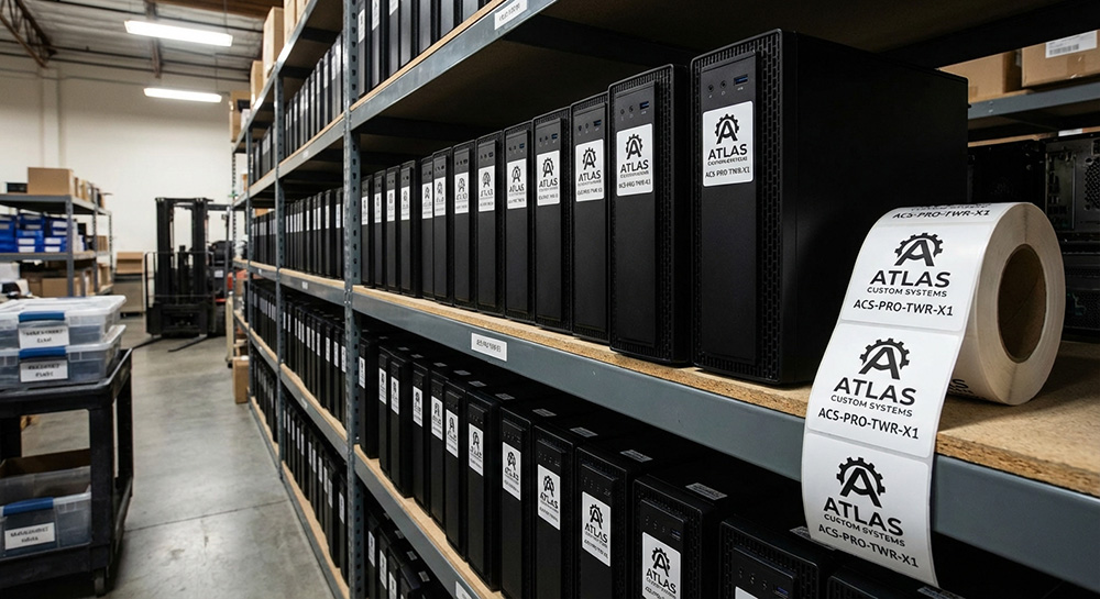 Custom white roll labels for Atlas Custom Systems | Decals.com