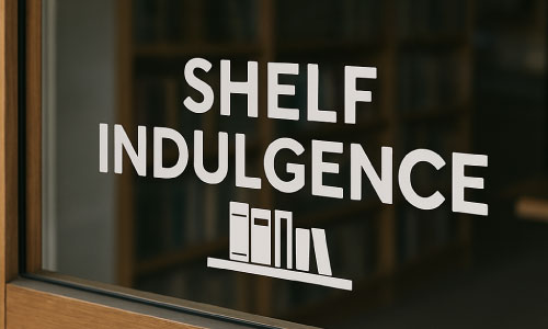 "Shelf Indulgence" book store logo decal on storefront window
