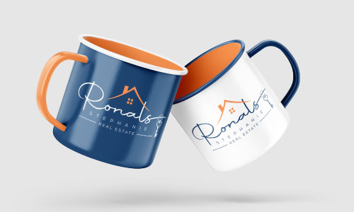 Colorful mugs with real estate logo DTF tranfers