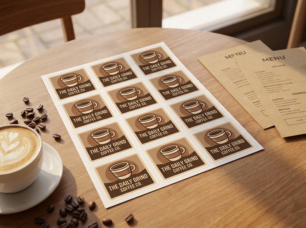 Square sticker sheet for a coffee company | Decals.com
