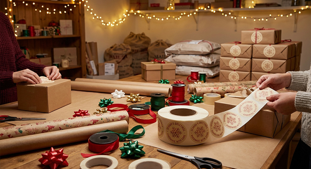 Custom circle paper roll labels for Christmas. | Decals.com