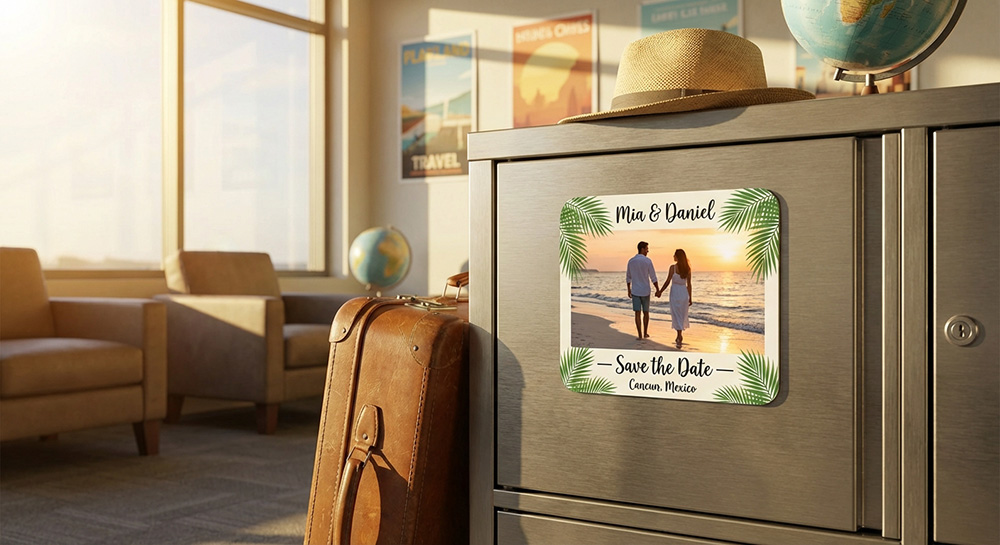 Custom save the date magnet for Mia and Daniel | Decals.com