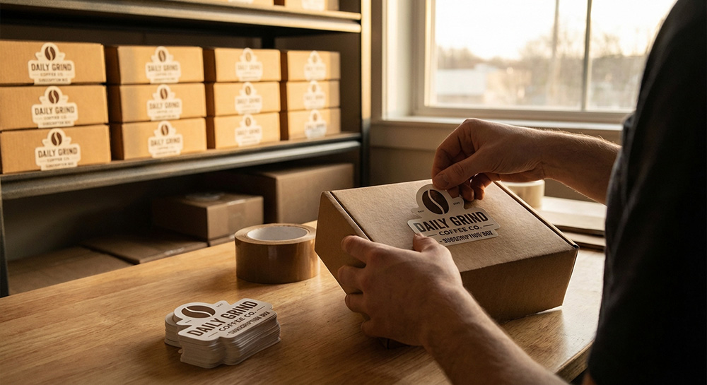 Custom die-cut labels featuring a coffee shops daily grind design | Decals.com