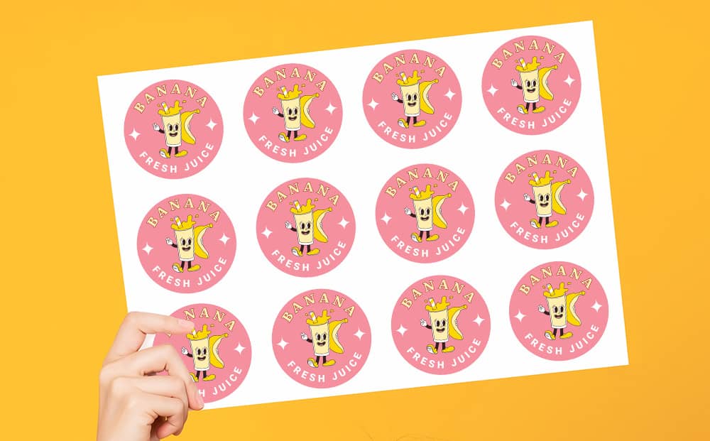 Custom circle sticker sheet with banana themed juice stickers.
