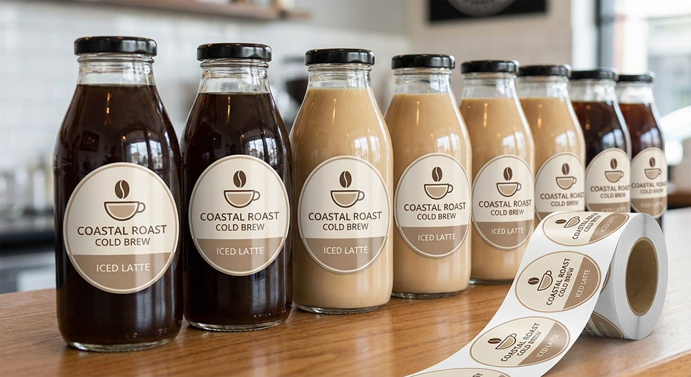 Custom oval paper roll labels for iced coffee | Decals.com