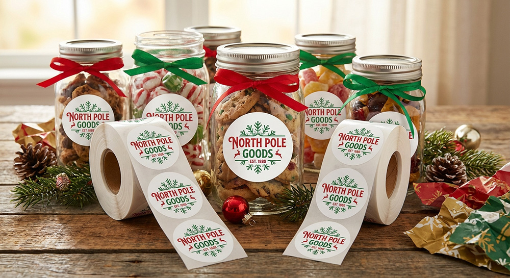 Custom white circle roll labels for north pole goods | Decals.com