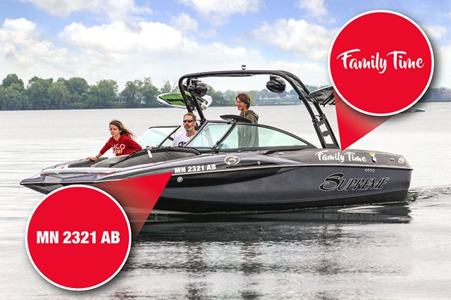 custom boat decals showing boat information.