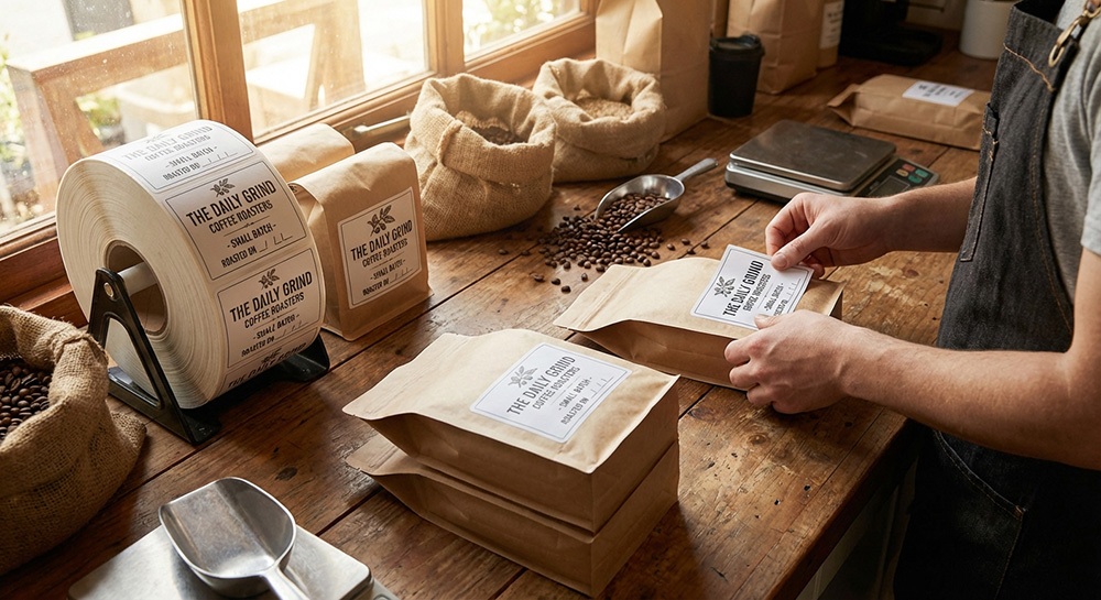 Custom white rectangle roll labels for a coffee brand | Decals.com