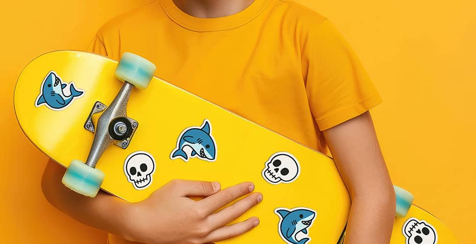Custom die cut stickers of skulls and sharks on a skateboard.