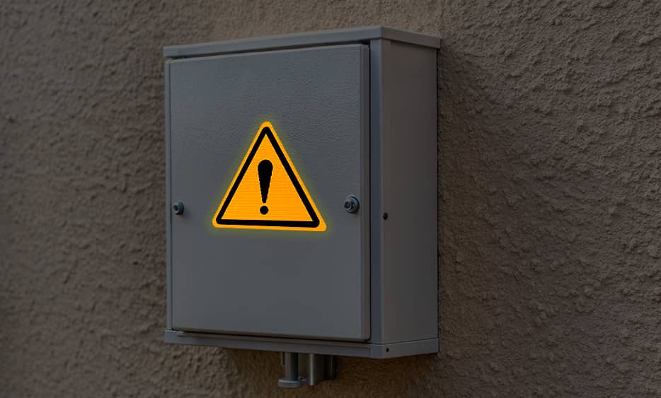 Reflective warning sticker on the side of an electrical box.
