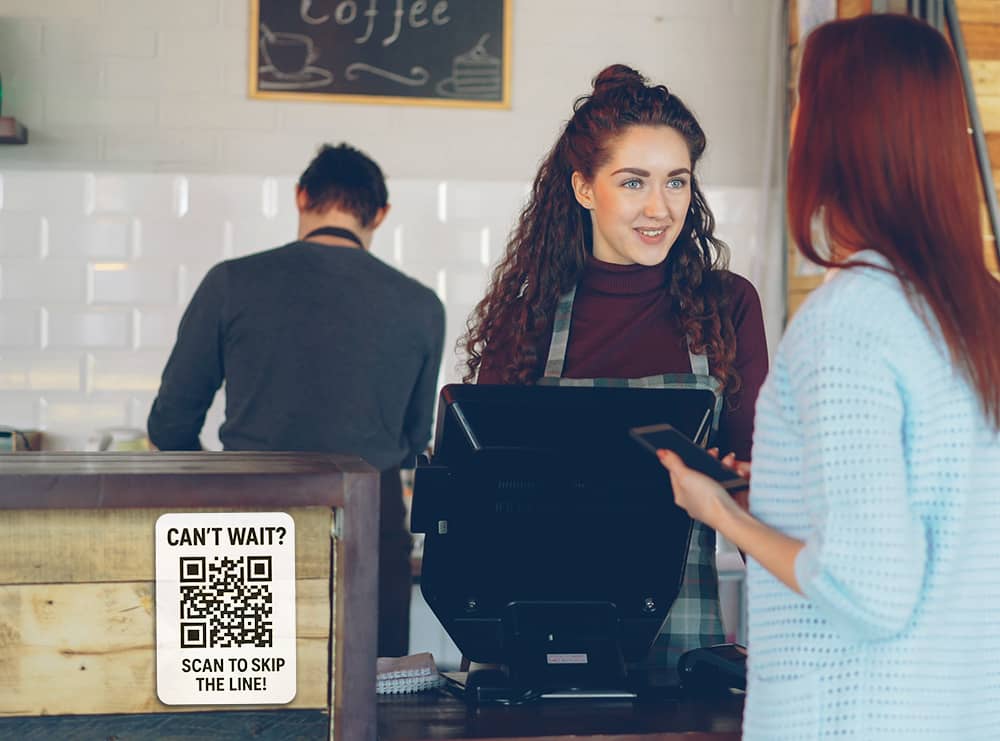 QR code sticker that allows customers to skip the line and order ahead.
