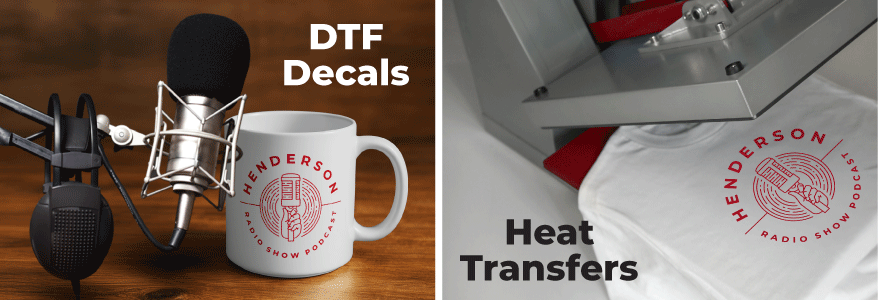 UV DTF podcast decal on a mug vs heat transfer custom podcast decal on a shirt being heat pressed