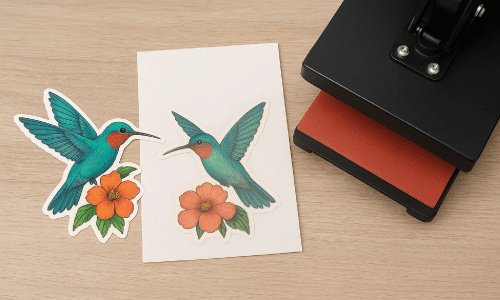dtf decal of a hummingbird next to a heat transfer decal of the same hummingbird graphic.