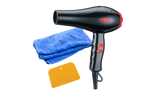 decal removal tools - hairdryer, cloth, squeegee