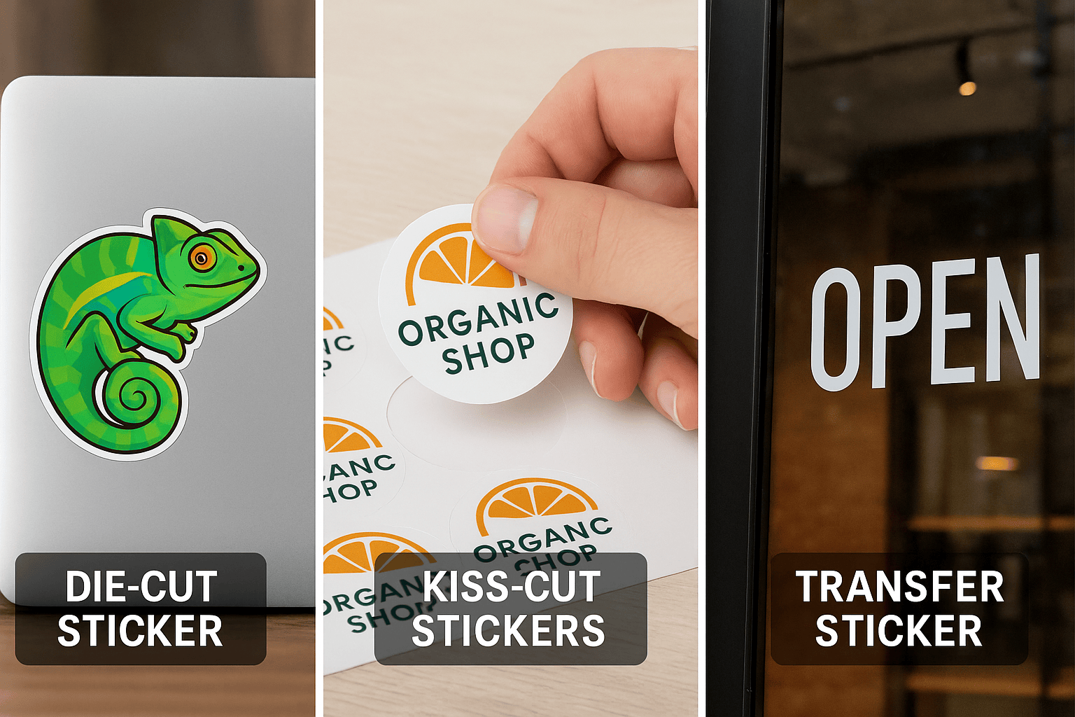 Die-cut sticker, Kiss-cut sticker, and Transfer cut sticker.