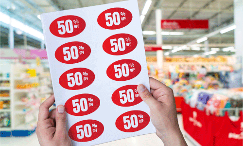 Oval sticker sheet with stickers displaying 50% off.